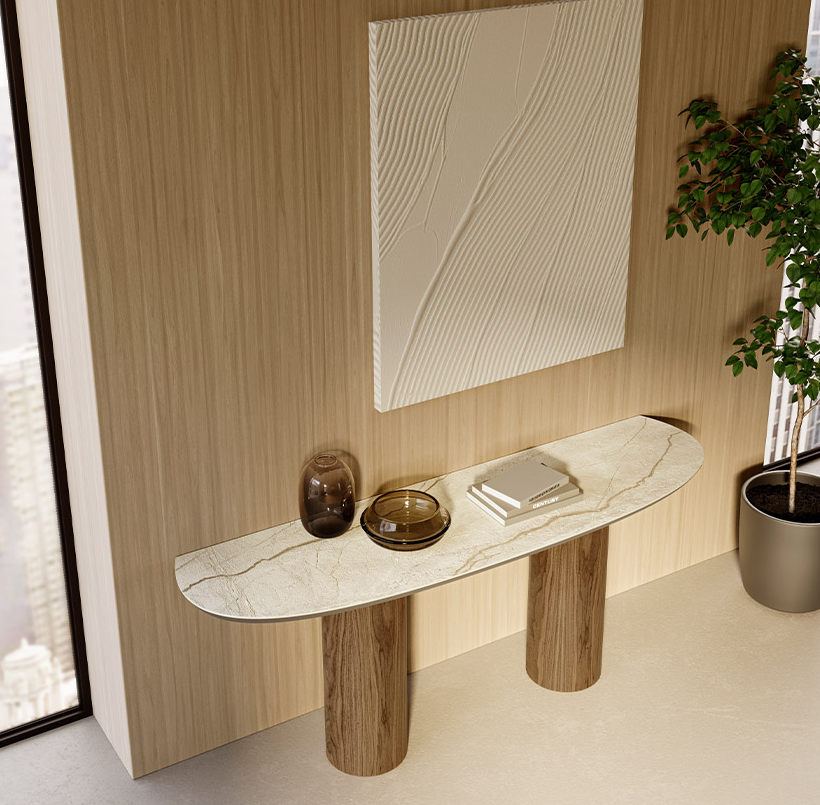 Eforma CILINDRO DUO CONSOLE – Designer Konsole mit Keramikplatte Prime mit Gestell aus Holz oder Metall